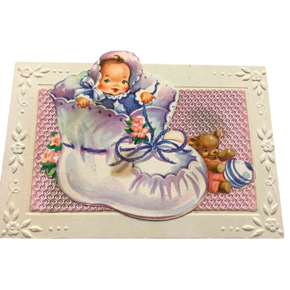 Vintage Baby Shower Congratulations Greeting Card Used Embossed Baby Shoe 1950s
